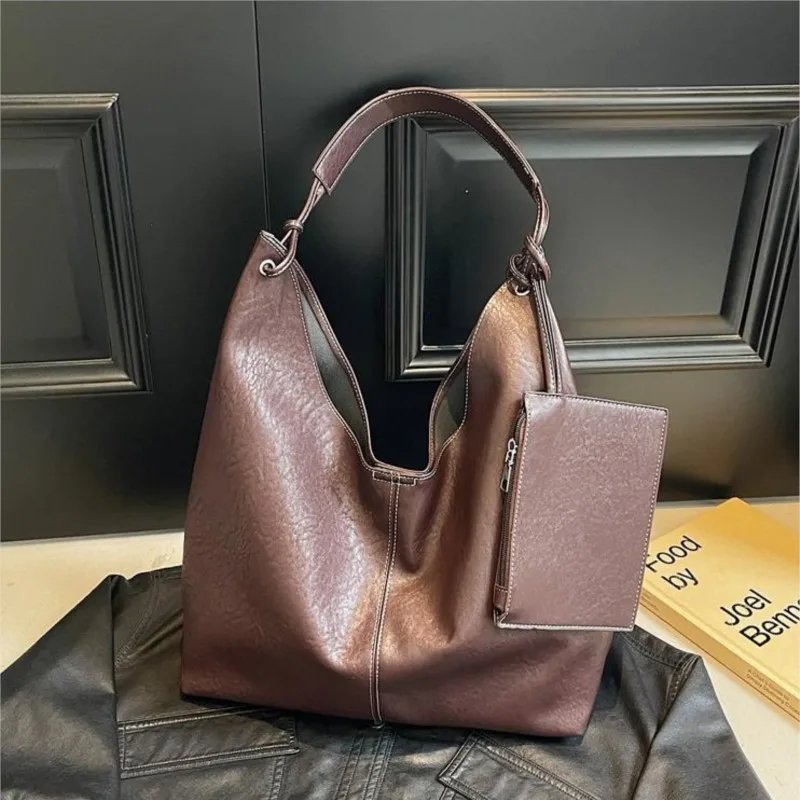 Fashion Retro PU Leather Shoulder Bags For Women 2 Pcs/set 2024 New Korean Hgh-quality Hobo Bag Solid Trend Simple Handbags Lady