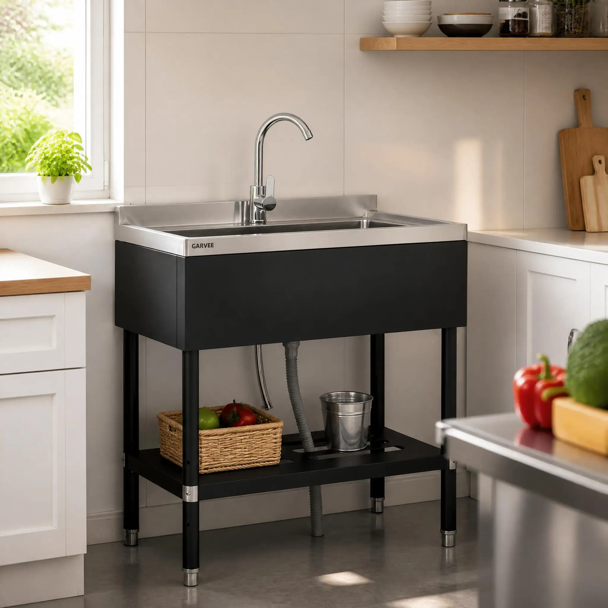 22"/36" Freestanding Stainless Steel Utility Sink with Hot & Cold Faucet, Black Standalone Deep Basin for Laundry Room, Kitchen, Garage & Outdoor Use