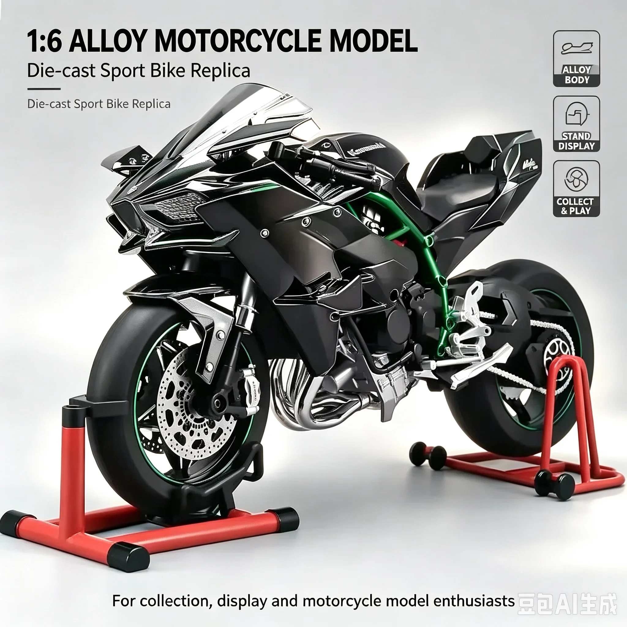 1:6 Kawasaki Ninja H2R Motorcycle Diecast Model with Spray Sound Light, Fast & Furious Collectible Motorbike Toy Gift for Boys
