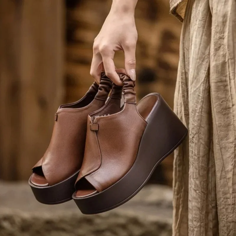 

Vintage Women High Heel Sandals Summer 2026 New Solid Roman Style Slingback Wedge Female Shoes Trendy Casual Thick Soled Sandals