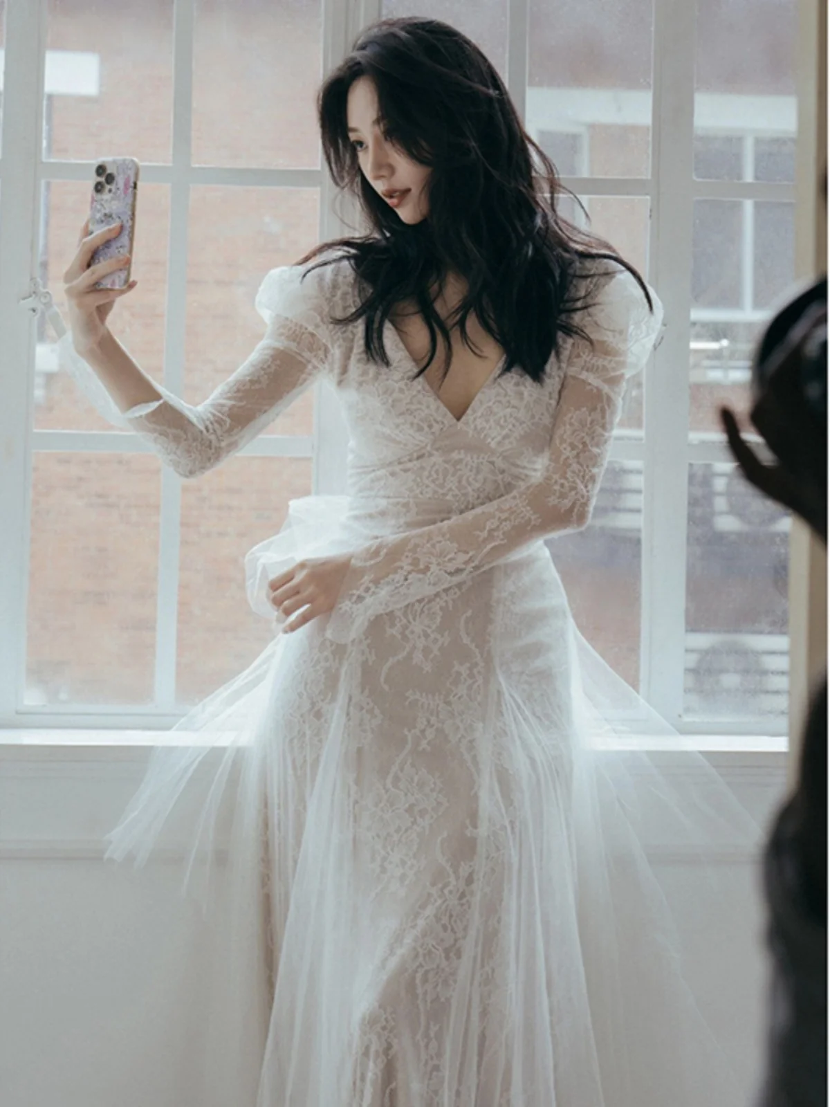 

Ele Lace Long Sve V-Ne Lightweight Wedding Dr New High-End Sensation Bridesmaid Morning Robe Luxury Engagement Tr...