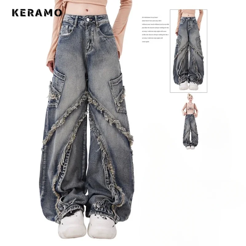 Harajuku High Waist Loose Jeans Women's Casual Retro Wide Leg Baggy Emo Denim Trouser 2024 Winter Tassels Y2K 2000s Pants