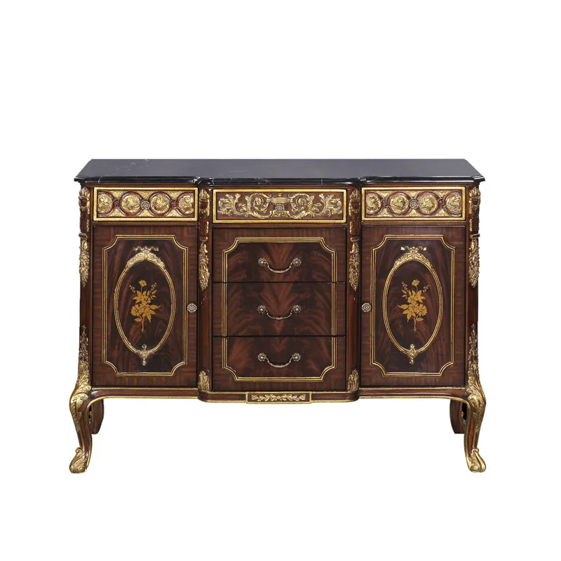 

English Alexander solid wood carving flower side cabinet, neoclassical gold painting platform