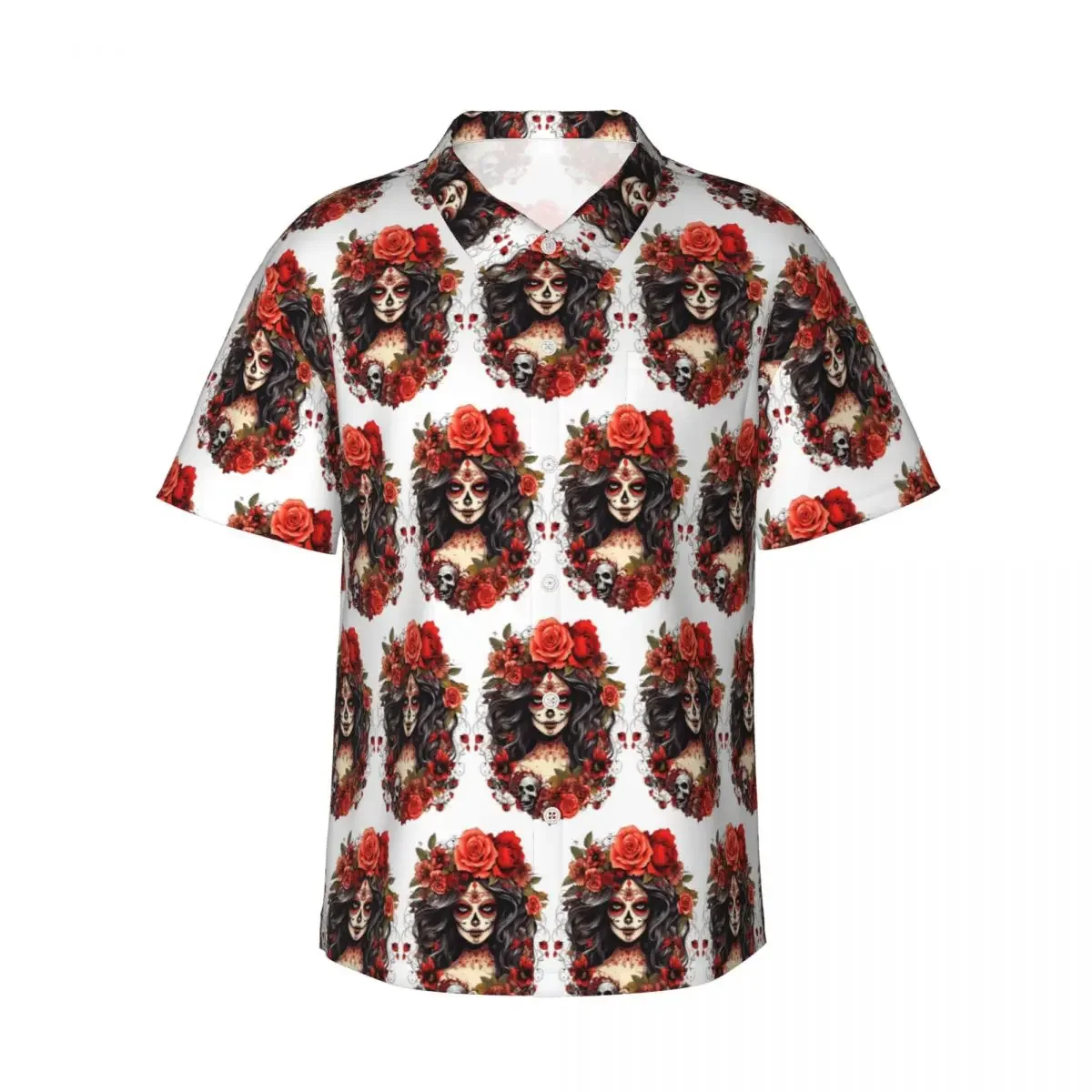 Mexican Catrina Girl Day Of The Dead Sugar Skull Men's Shirts Hawaiian Short Sleeve Shirt Fashion Lapel Tops for Summer Beach