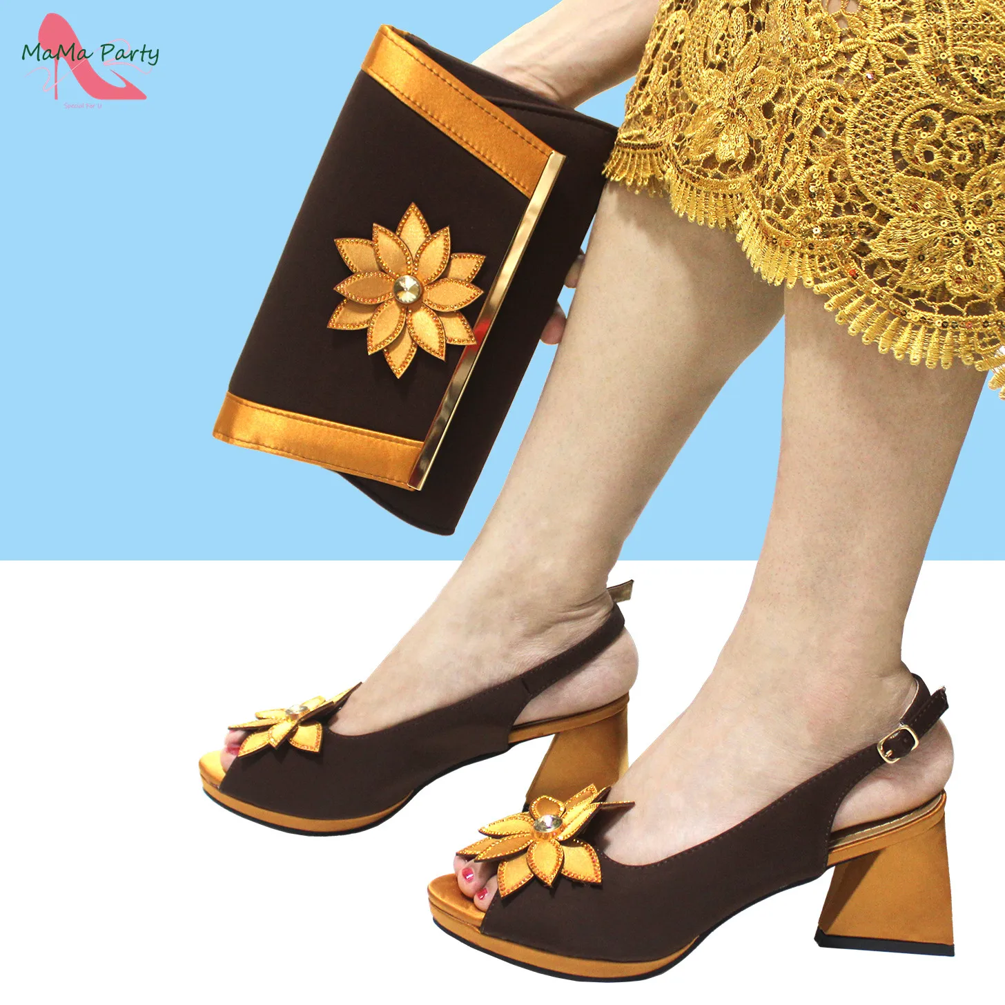 2024 Elegant Fashion New Arrivals in Coffee Color Special Heels with Platform Peep Toe African Women Shoes and Bag Set