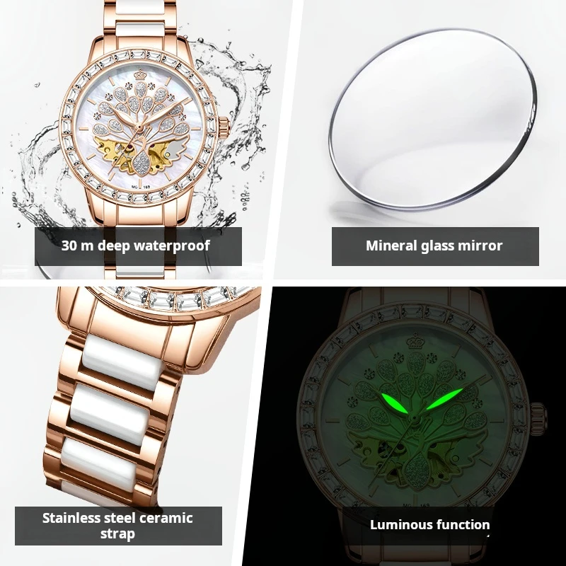 Top marque automatique mécanique femmes montre mode dames strass squelette or Rose céramique montres de luxe Reloj Mujer