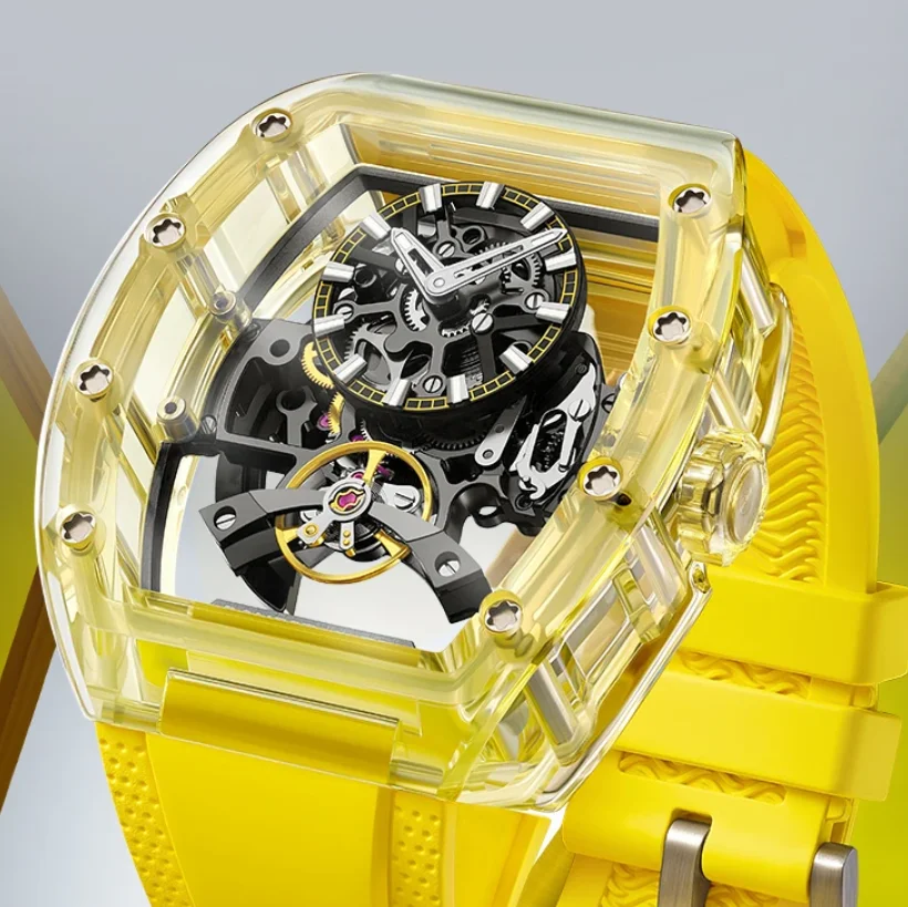 

BONEST GATTI Мужские автоматические часы 45 мм Tonneau Механические наручные часы Акриловый корпус Водонепроницаемый светящийся скелетонизированный циферблат