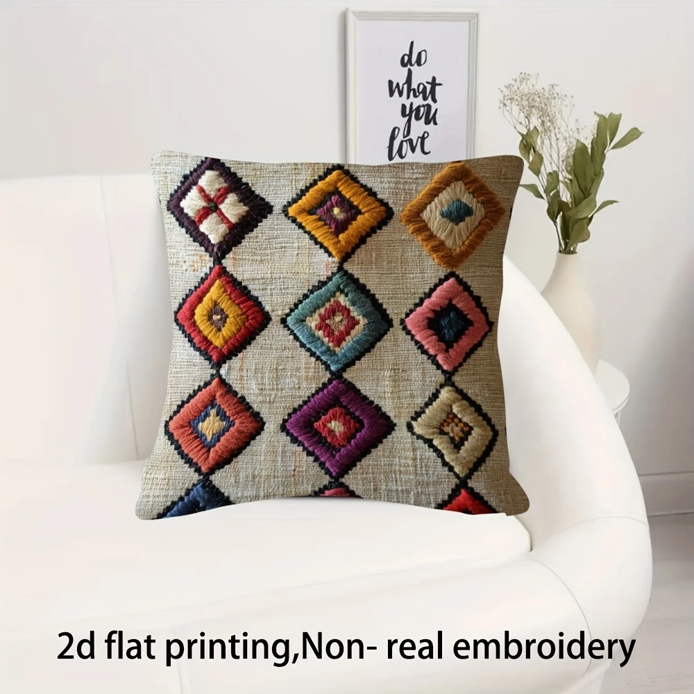Boho Geometric Diamond Pillow Cover Faux Embroidery Print Colorful Aztec Cushion Case for Sofa Bed Couch  Home Decor Living Room