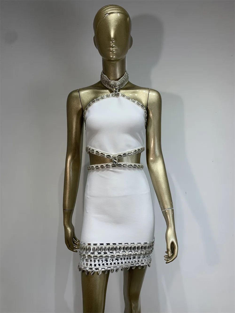 女性用クリスタル包帯ドレス,ホルターネック,ホルターネック,タイト,ミニ,ワンピース,ホワイト,高級デザイナー,イブニングクラブ用