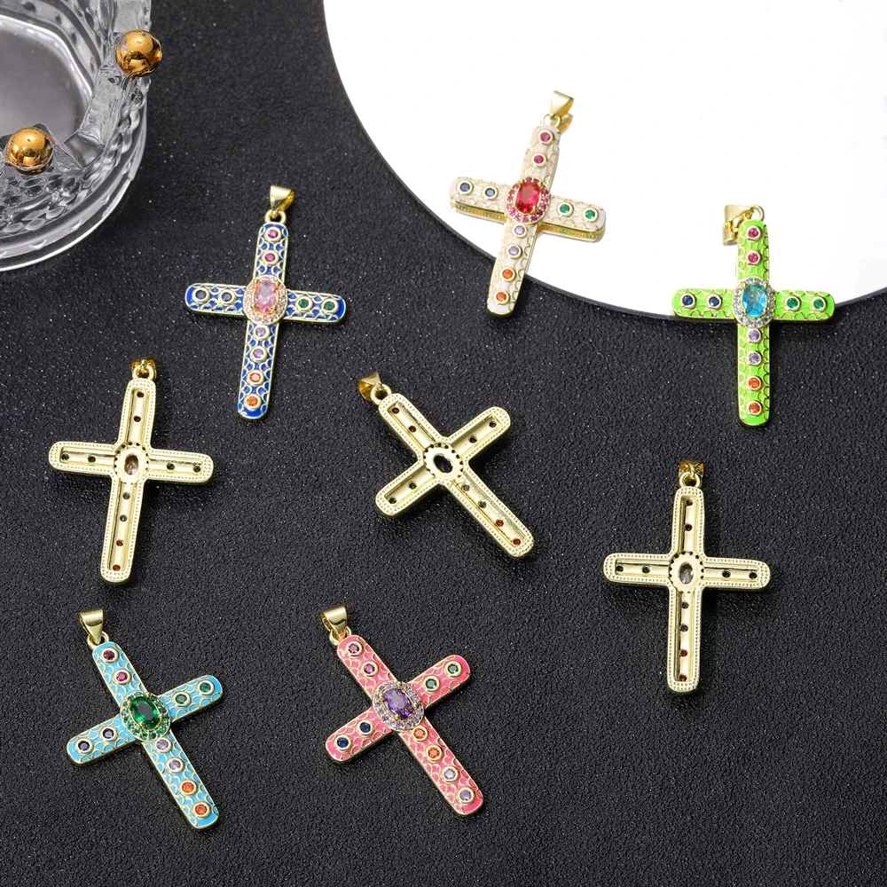 Juya 18K Real Gold Plated DIY Handicraft Enamel Christian Cross Charms Pendant For Handmade Decoration Religious Jewelry Making