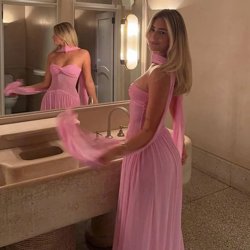 VEITCHE Zomer Vrouwen Sexy Strapless Lange Jurk Vrouwelijke Sexy Door Mesh Lange Gewaad + Halter Sjaal Mujer Hoge Elasticiteit Maxi jurk