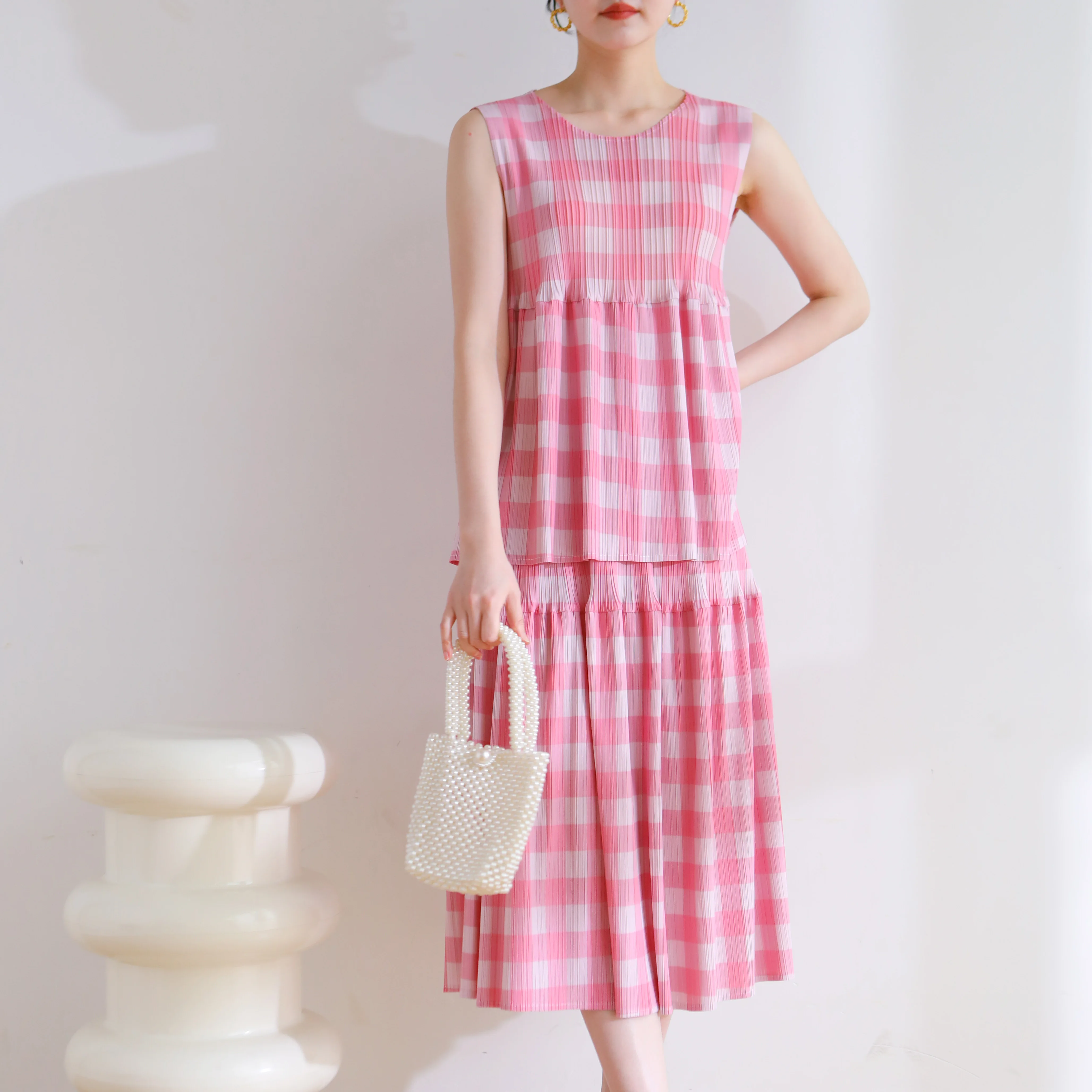 2024 Spring Summer pleated age-reducing casual style loose plaid printed baby dress half-skirt set