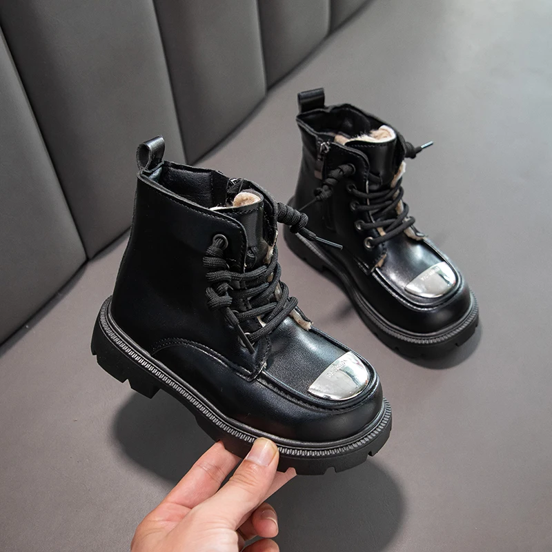 Kids Warm Fluffy Lined Leather Boots for Girls 2025 New Winter Kids Ankle Boots Anti-slippery Simple Chic School Riding Boots