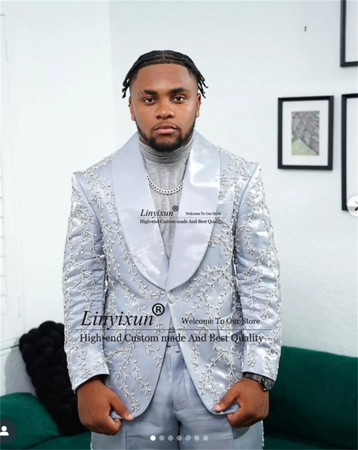 

Luxury Metallic Jewelry Ornament Tuxedo Men Suits 2 Piece Sets Costume Homme Customized Wedding Groom Party Male Prom Blazers