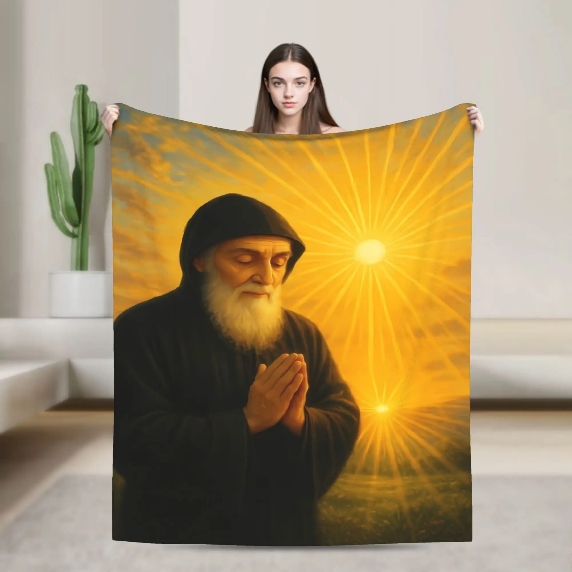 Soft Warm Blanket Airplane Travel Devout Saint Charbel Candle Prayer Throw Blanket  Flannel Bedspread For Couch Bed Sofa Bed
