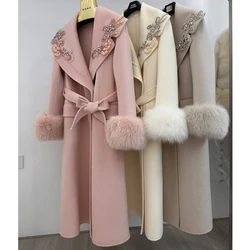 Natural Fox Fur Cuff Women 100% Wool Double-faced Coats 2024 Fall Winter Chic Beading Lapel Collar Female Lace-up Fur Long Coats