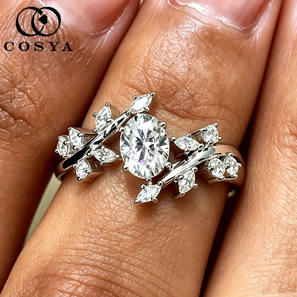 COSYA 1CT Oval Cut Moissanite Ring for Women 100% S925 Silver Certified Branch Shape Lab Diamond Wedding Band Fine Jewelry Gift