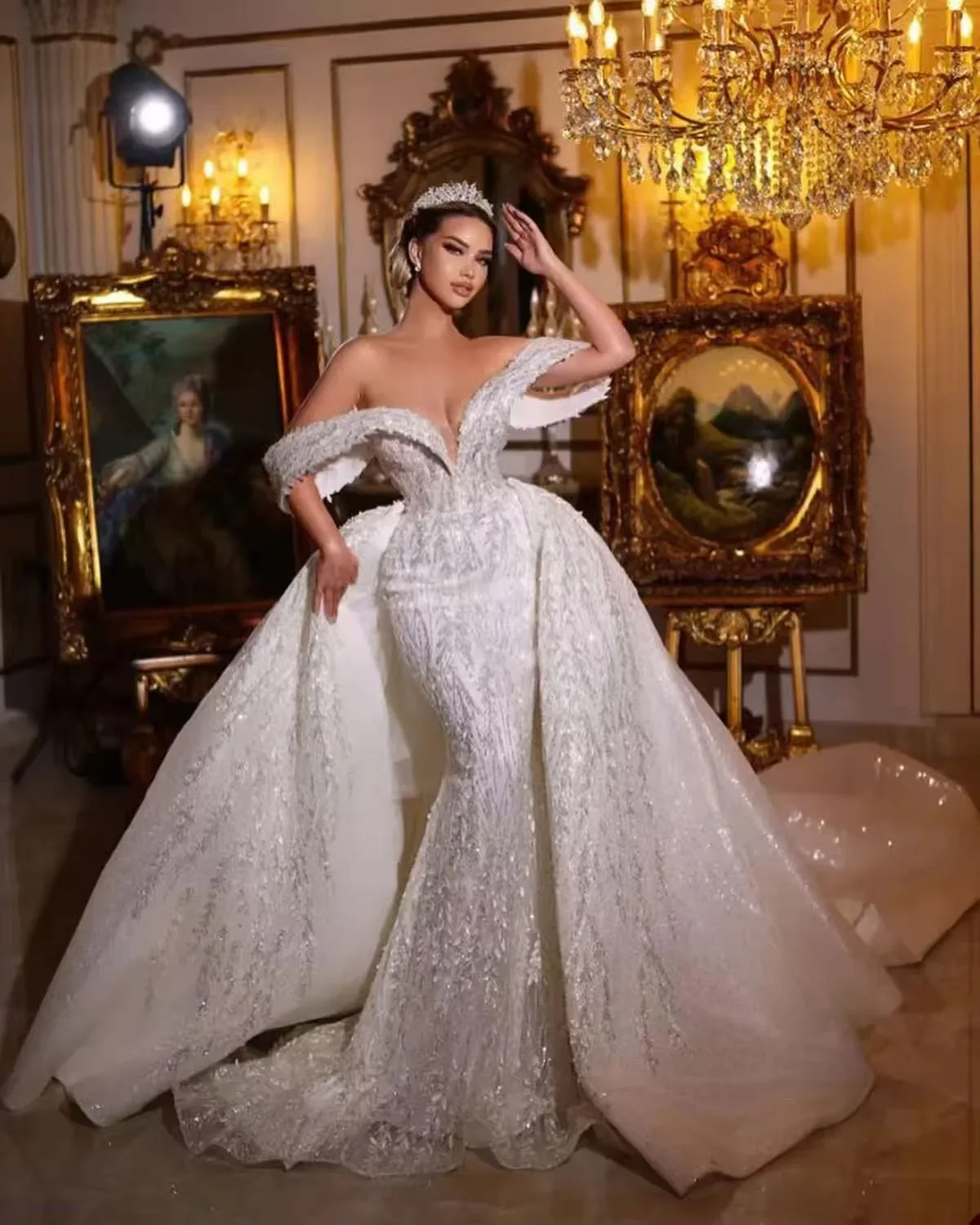 

Customized Luxury Mermaid Wedding Dress Off Shoulder Detachable Train Shining Beaded Bridal Gown for Women's Vestidos De Novia