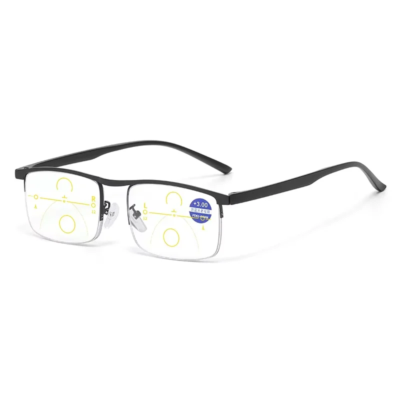 Óculos Masculinos Progressivos Multifocais com Zoom Automático e Lentes Fotocromáticas, Armação de Metal Meio Aro, Anti-Luz Azul, Uso para Perto e Longe, +1.00~+4.00 D