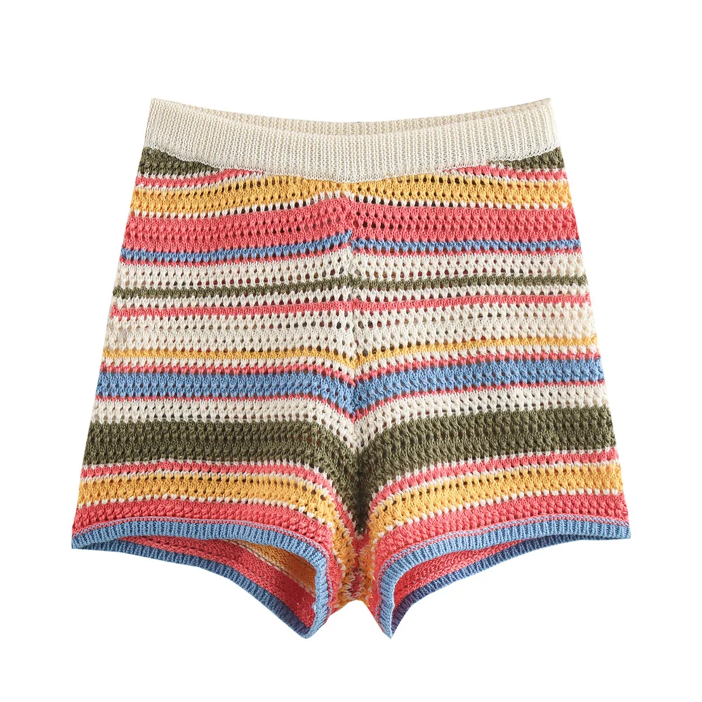 PB&ZA2024 Autumn New Women\'s Fashion Style Casual Versatile Stripe Crochet Knitted Top Shorts Two Piece Set