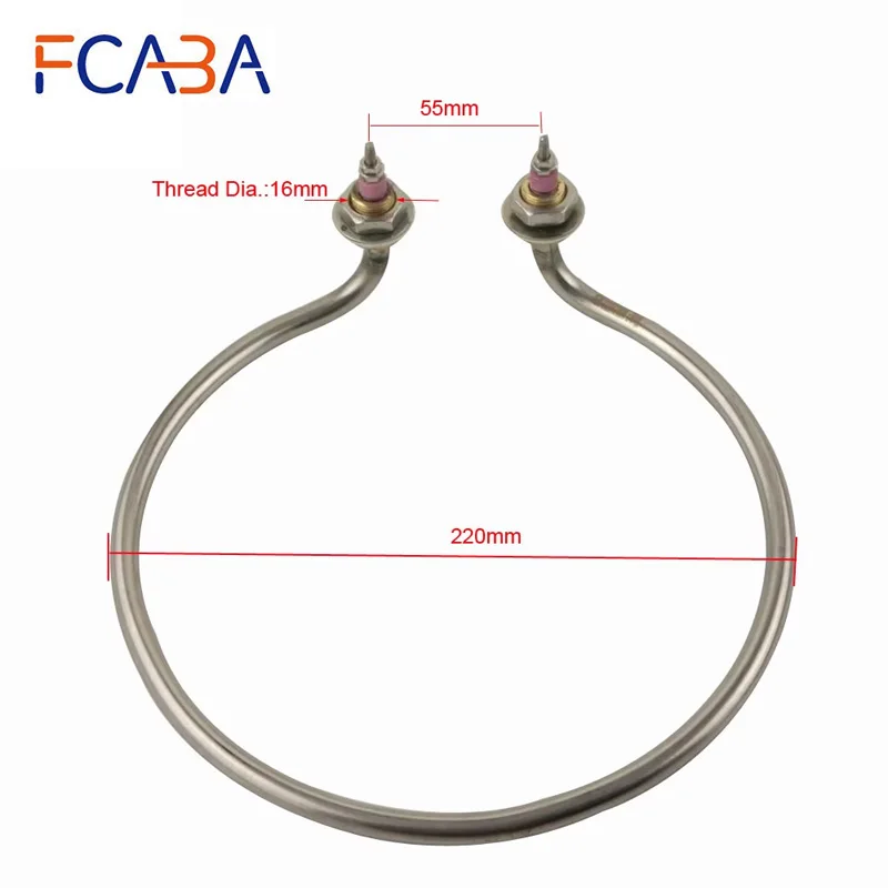 FCABA 304 Stainless Steel Racket Shaped Elbow Water Heating Element 220V 2KW 220mm Circle Diameter Electric Tube Heater