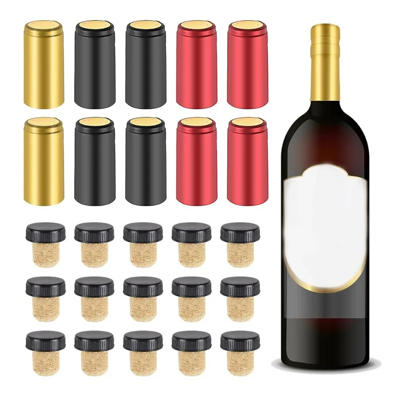 60 Pcs Wine Bottle Resealer Kit for Cruise with PVC Heat Shrink Capsules, Cork Stopper with Plastic Top for Home Use