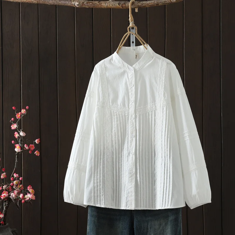 

[Ready Stock] High Quality Women 100% Cotton Yarn Blouse Shirt Autumn New Folded Plate Solid Color Long Sleeve Shirts Jackets