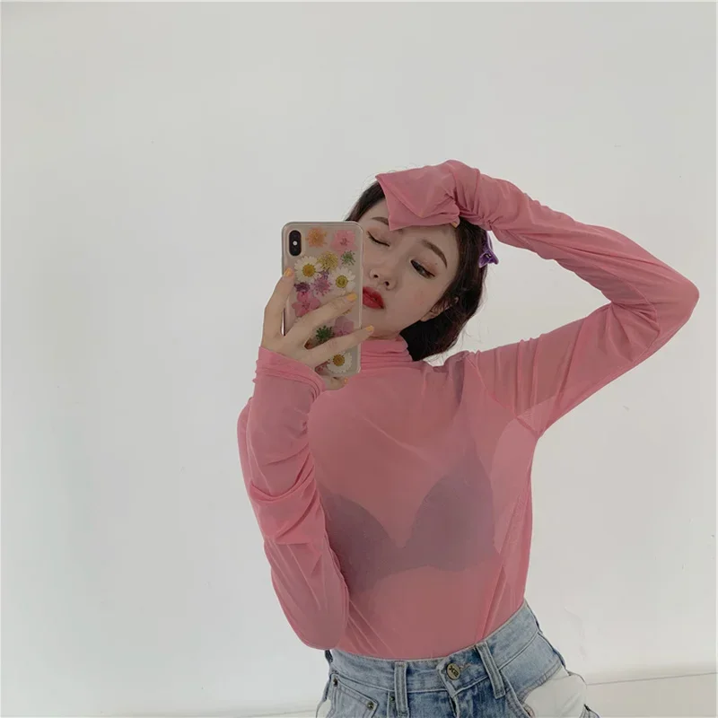 Fashion Sheer Candy Color Mesh Tops Summer Chic Long Sleeves Turtleneck Slim Bakugou Shirt Sexy See-through Bottom Tulle Tops