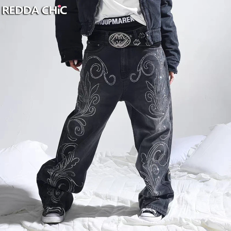 

REDDACHIC Широкие джинсы со стразами, мужские модные винтажные прямые свободные брюки с карманами и цветочным узором, Kpop, уличная одежда в стиле хип-хоп