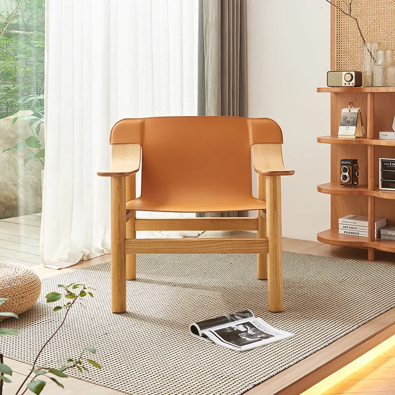 

Wabi Sand Wind Saddle Leather Solid Wood Leisure Chair Home Simple B & B Hotel Backrest Armrest Sofa Chair Furniture Wholesale