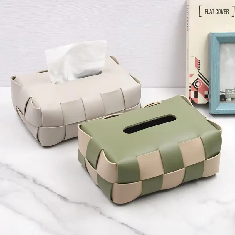 Leather Bedroom Tissue Boxes Color Blocked Checkerboard Woven Napkin Case Rectangular Kitchen Table Tissues Organization Box