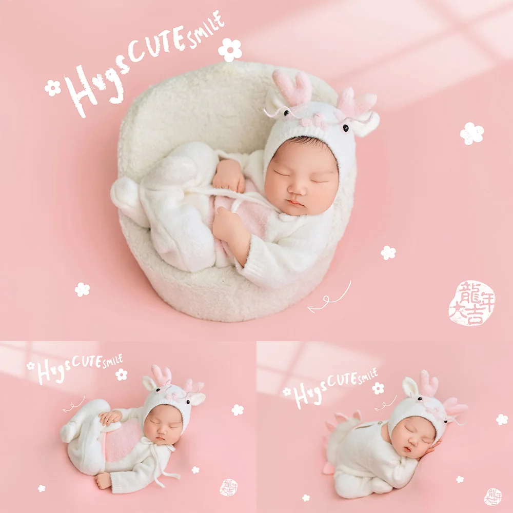 Lovely Dragon Costume Newborn Photography Outfits Knitted Jumpsuit+Dragon Horn Hat+Tail Set Studio 0-1 Months Baby Photo Clothes