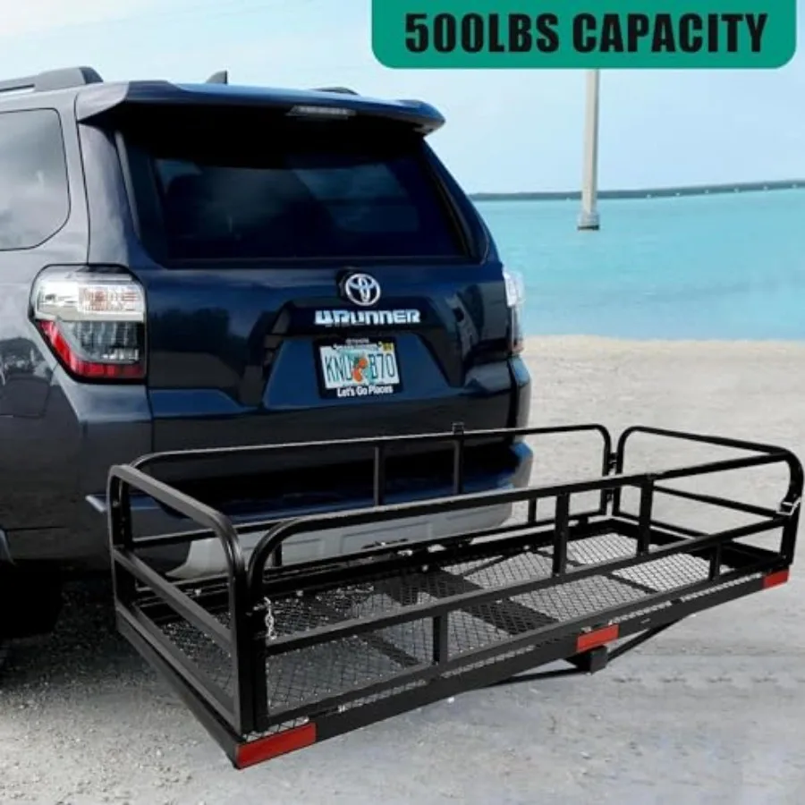 Folding Trailer Hitch Cargo Rack 60 x 24 x 14 Inch Hitch Mount Cargo Carrier with High Side Rails for RV Truck SUV Van 500 lbs