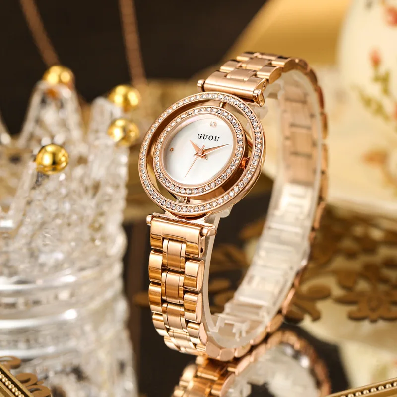 KoreanStyleFashionable And LuxuriousWomen'S Watch With A StainlessSteel StrapFeaturing A Rotating Dial And ASimpleTrendy Design.