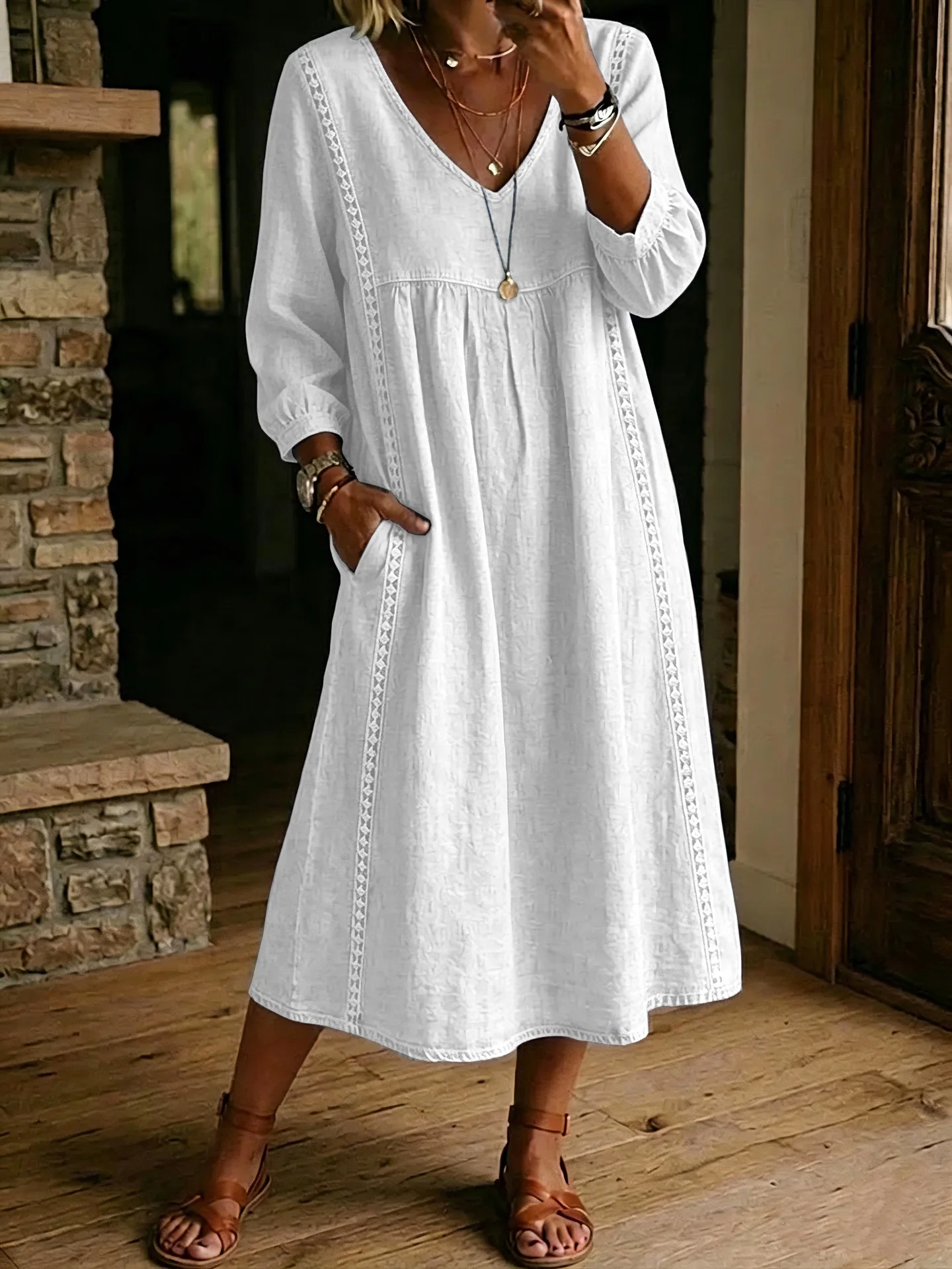 Vintage Solid Color Cotton Linen Dress Women Loose Flowy Midi Dress 3/4 Sleeve V Neck Pocket Casual Daily Vacation Resort Wear L view 2