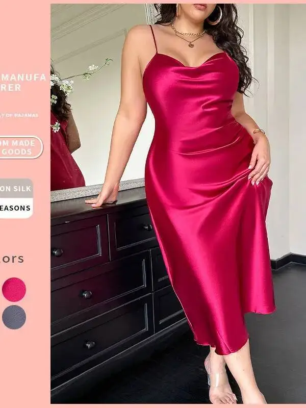 ملابس منزلية نسائية جديدة مقاس كبير ثوب نوم مثير بسيط بلون واحد فستان نوم بحزام من الحرير الجليدي بدون ظهر عميق على شكل حرف V بدون أكمام MKMZ #2