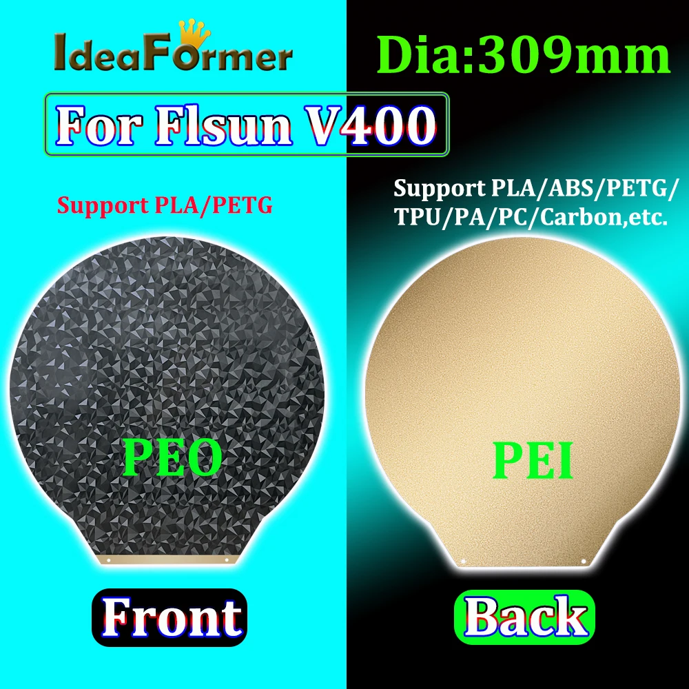 For Flsun V400 3D Printer Build Plate Round Dia 309MM Textured PEI / Smooth PEO Magnetic Spring Steel Flex Bed PEO PEI Sheet