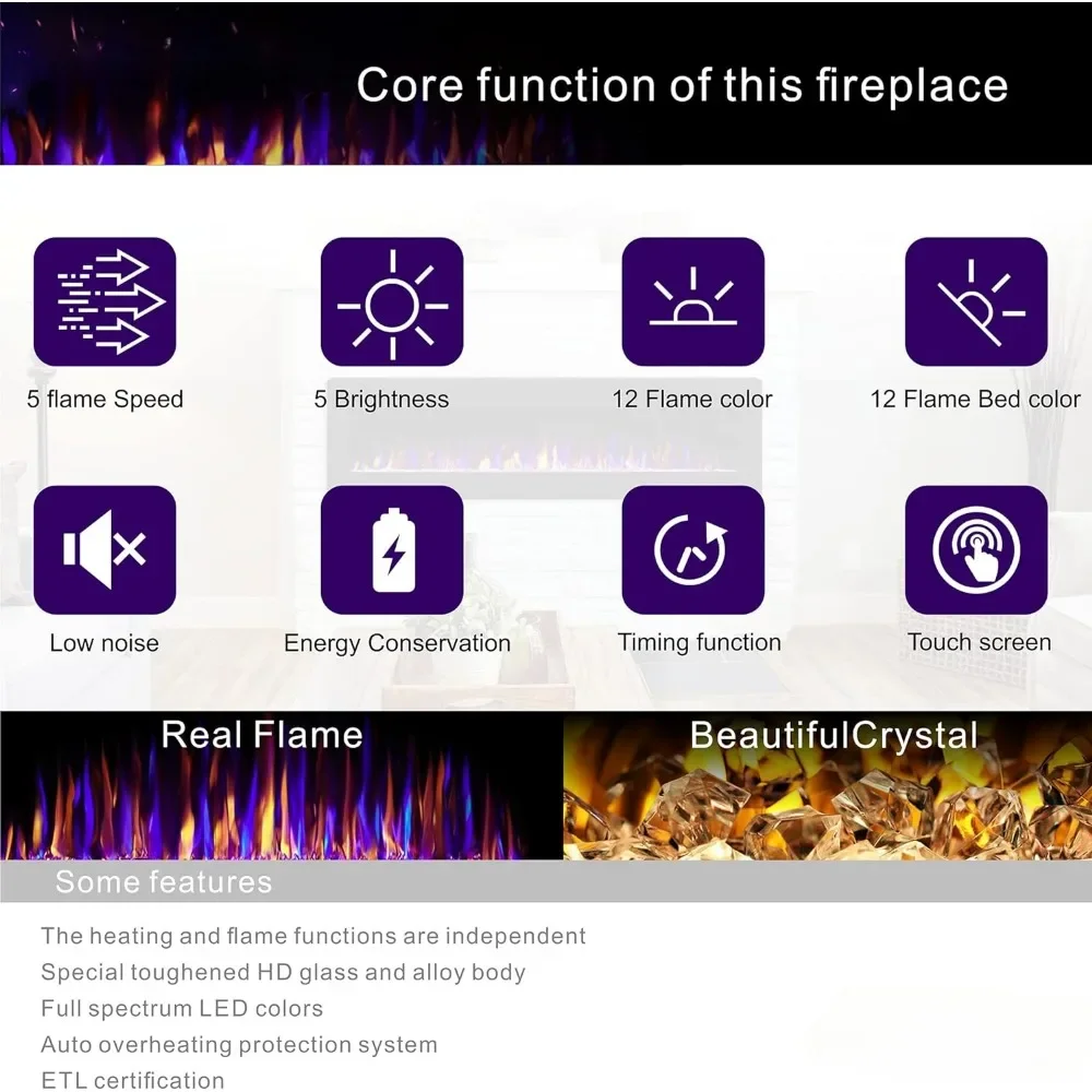 Утопленный электрический камин 60 дюймов, настенный нагреватель для камина, с таймером, пультом дистанционного управления, регулируемый цвет пламени