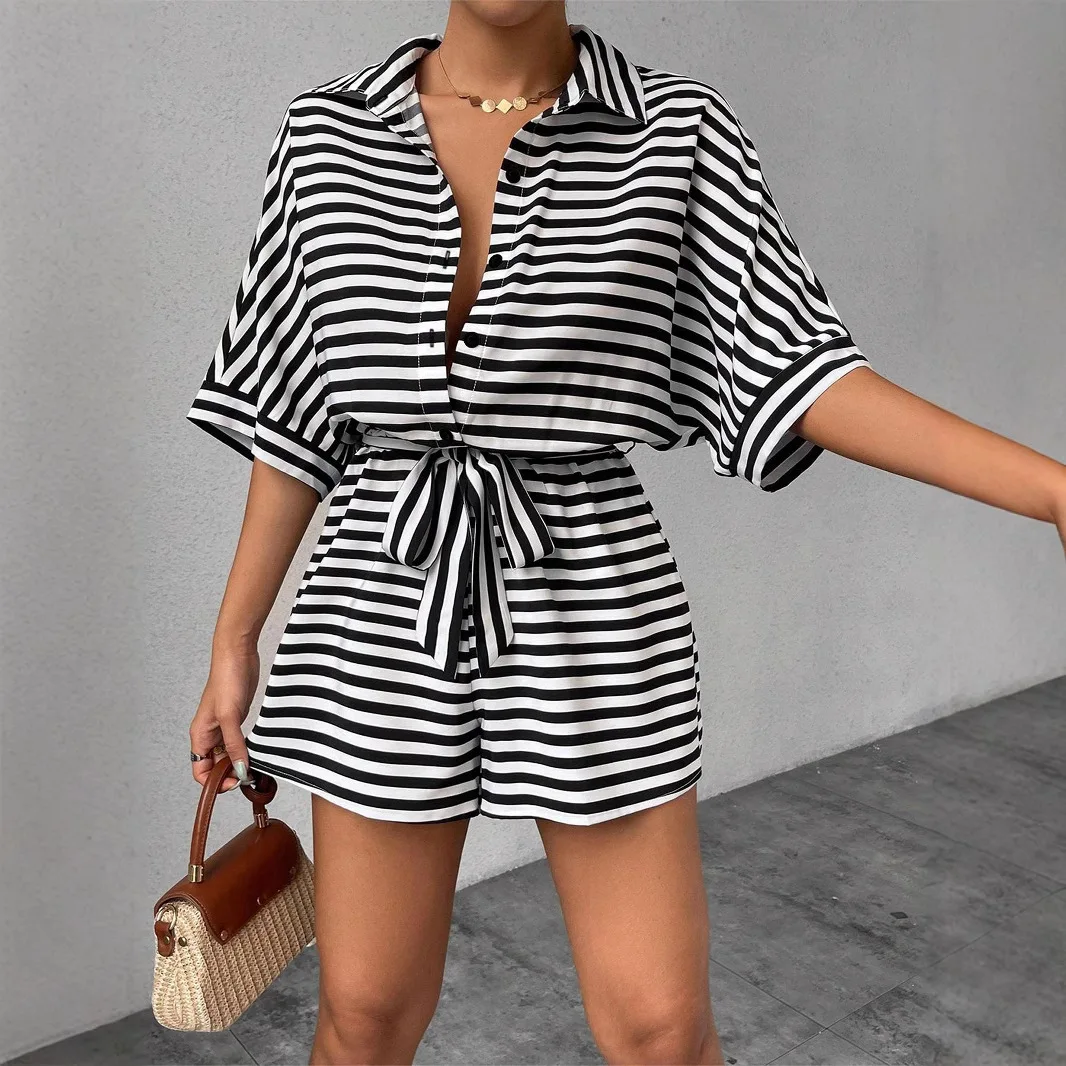 2025 nova moda impressa camisa de manga curta + shorts conjuntos de duas peças feminino verão casual solto listrado topo shorts conjunto para mulher