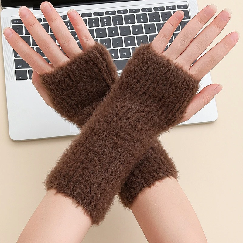 Women Winter Fluffy Fingerless Gloves Plush Soft Knitted Half Finger Mitten Arm Warm Fake Sleeves Wrist Guards