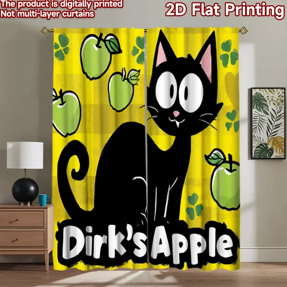 

2D flat printing 2pcs Party Window Curtains Cute Black Cat Green Apple Digital Printed Polyester Drapes Festive Curtains for