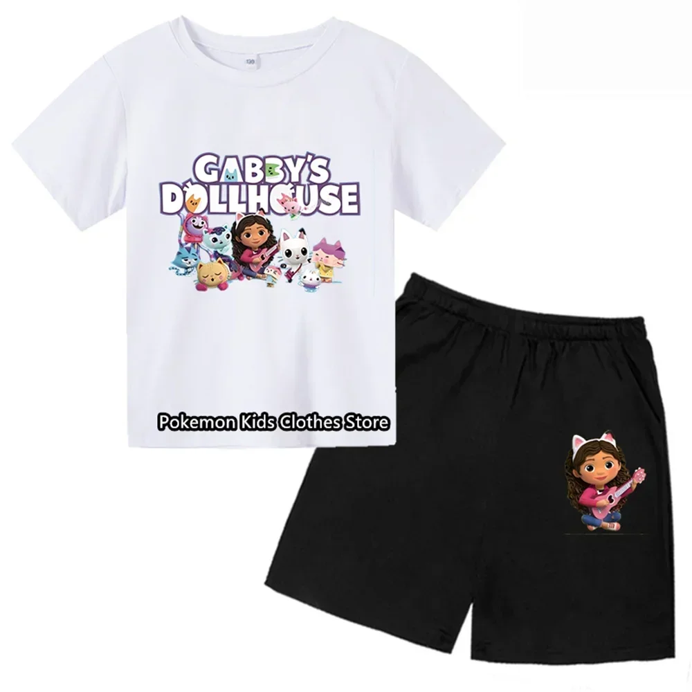 Kawaii Gabby Dollhouse T-shirt Set Children Girl Cartoon Tees Anime Summer Top Themed Birthday Clothes O-neck Short Sleeve Gift