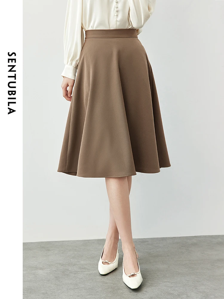 SENTUBILA Simple A-line Skirt Women 2024 Winter Elegant High Waist Knee-length Office Lady Work Business Women Skirt 144Q57179