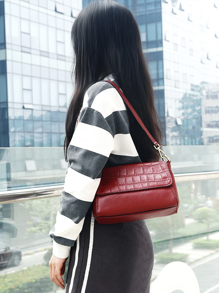 Zency Women Small Shoulder Bag Genuine Leather Handbag Dark Red Two Straps Ladies Crossbody For Cell Phone Satchel Large Pockets