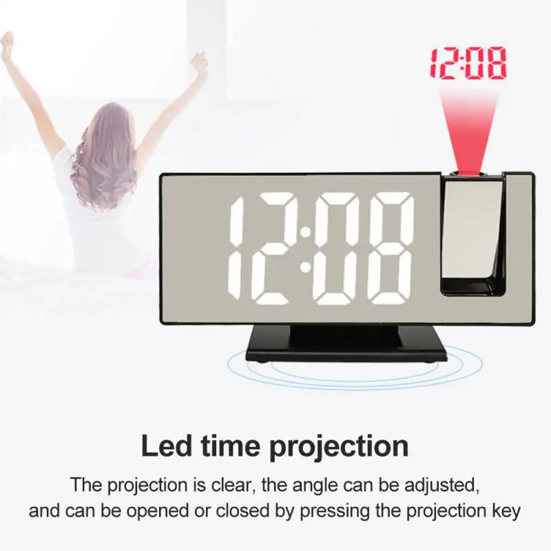 USB Powered Digital Alarm Clock 180° Arm Projection Alarm Clock Time Temperature Snooze Table Clock 12/24H Projector LED Clock