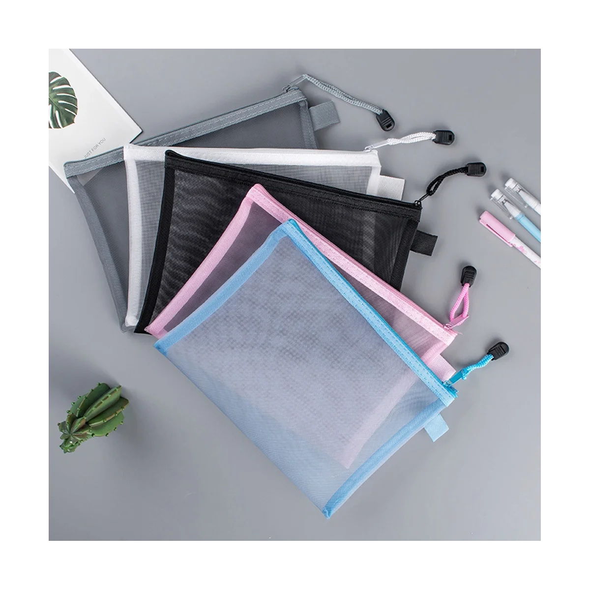 5 قطعة شبكة زيبر الحقيبة واضح وثيقة حقيبة كتاب ملف المجلدات القرطاسية مقلمة أكياس التخزين 5 ألوان A6(19X11Cm)