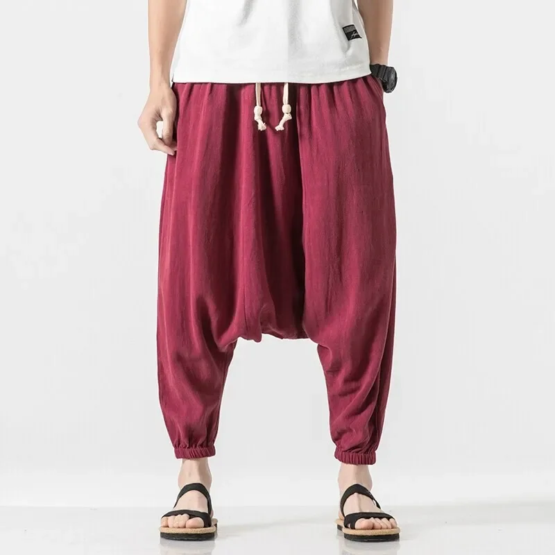 

Summer New Men's Pants Kimono Samurai Costume Vintage Cotton Linen Pants Casual Solid Harun Elastic Waist Trousers Plus Size 5XL