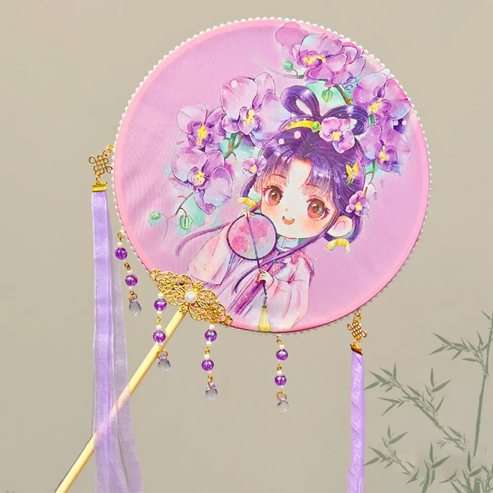 Ancient Cartoon Embroidery Fan Chinese Style Long Handle Hanfu Decoration Fans With Tassels Dance Hand Fan Cheongsam