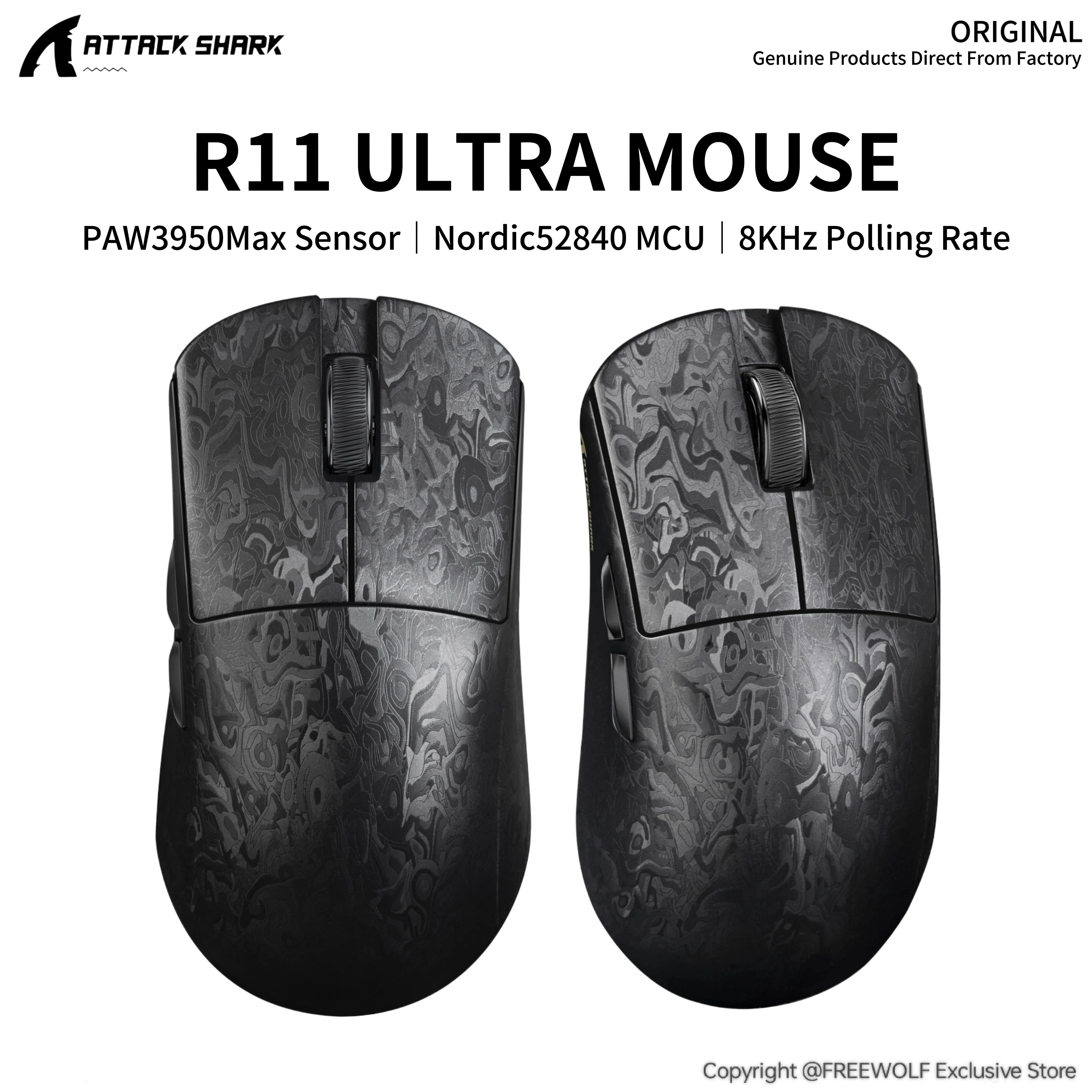 Carbon Fiber Composite R11ULTRA Wireless Gaming Mouse ATTACK SHARK 8K Hz Polling Rate,PAW3950MAX Sensor,300mAh,Wired/2.4G/BT