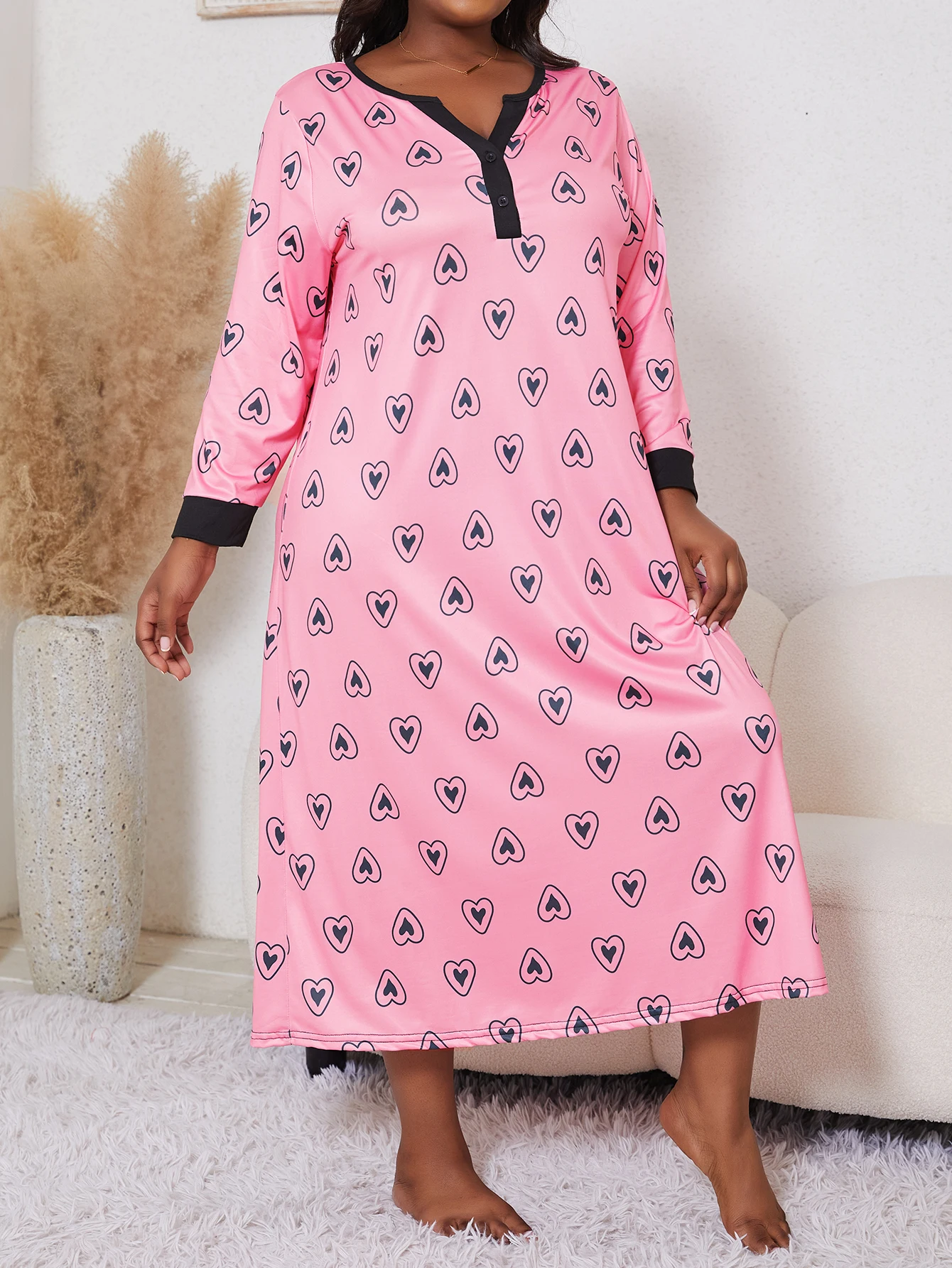 Large size ladies pajamas autumn long sleeve love print pajama skirt and knee skirt home dress